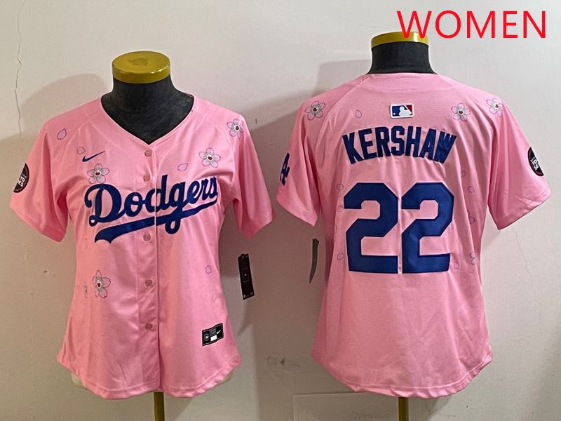 Women Los Angeles Dodgers #22 Kershaw Pink White Blue Sakura Edition 2025 Nike MLB Jersey style 1